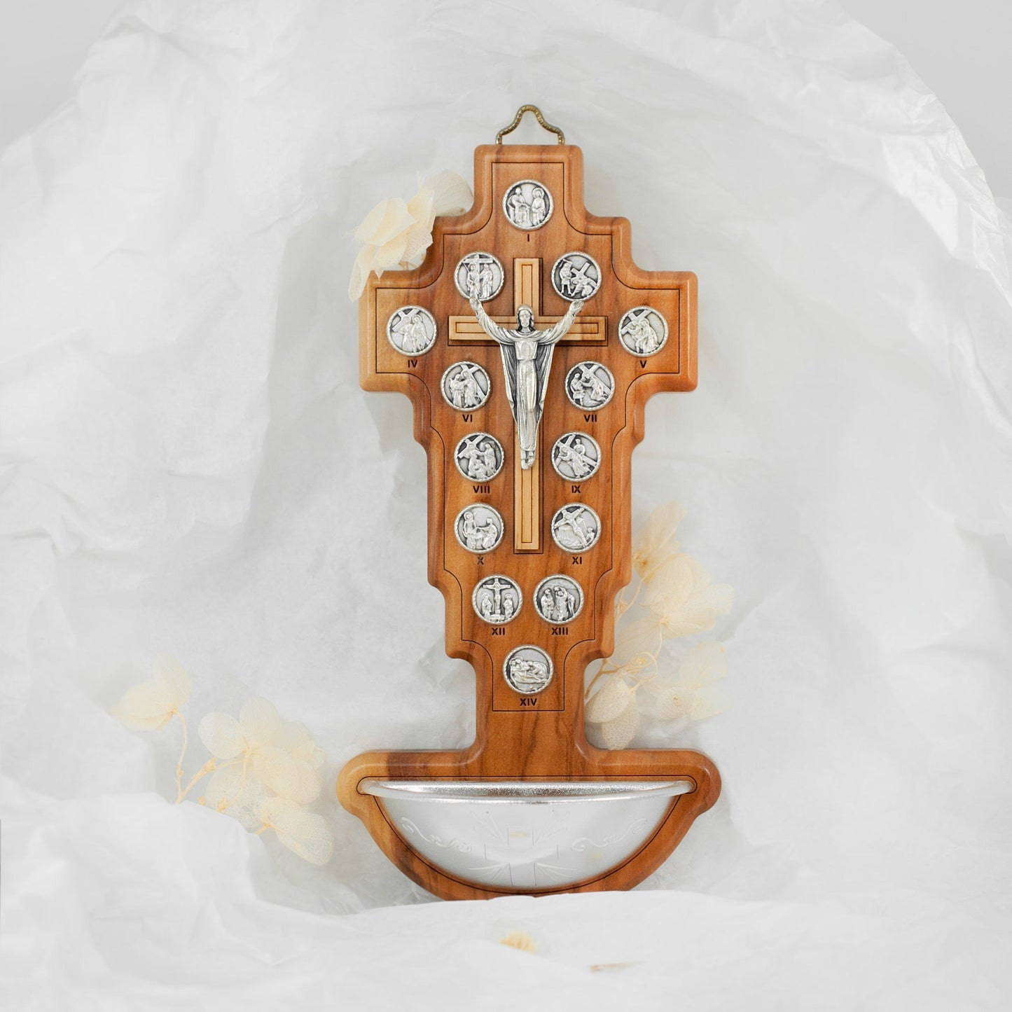 MONDO CATTOLICO Wooden Holy Water Font Via Crucis