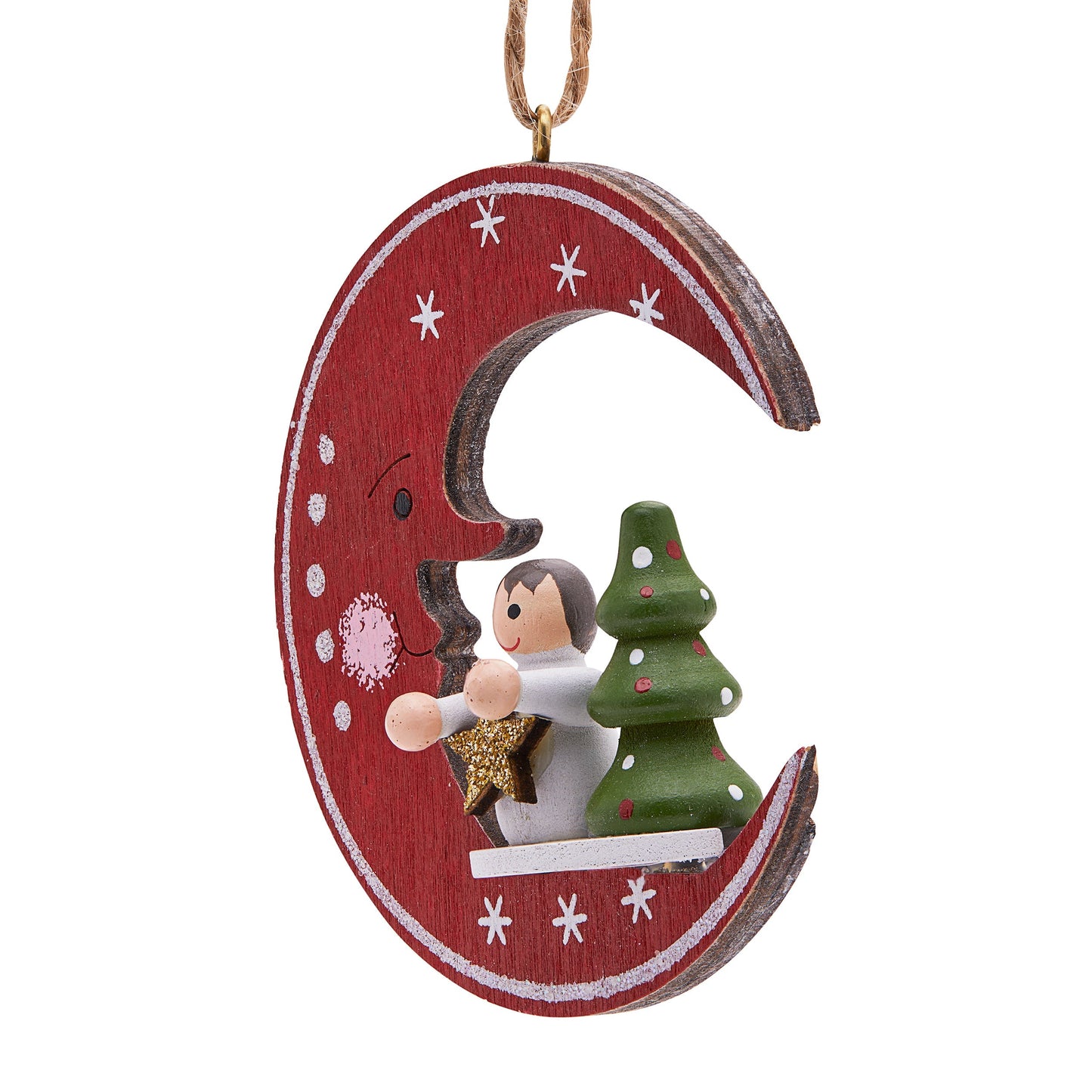 Mondo Cattolico 7.50 cm (2.95 in) Wooden Moon-shaped Decoration With Resin Child and Christmas Tree