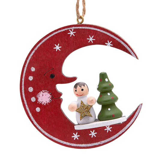 Mondo Cattolico 7.50 cm (2.95 in) Wooden Moon-shaped Decoration With Resin Child and Christmas Tree