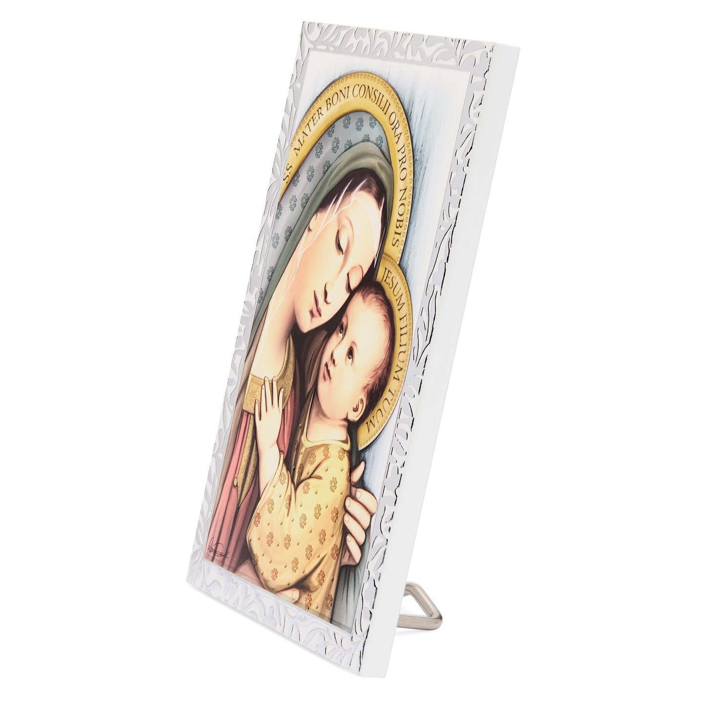 MONDO CATTOLICO ROMA Panel 9 x 13.5 cm (3.54 x 5.31 in) Wooden Panel with Sterling Silver Details of Our Lady of Good Counsel