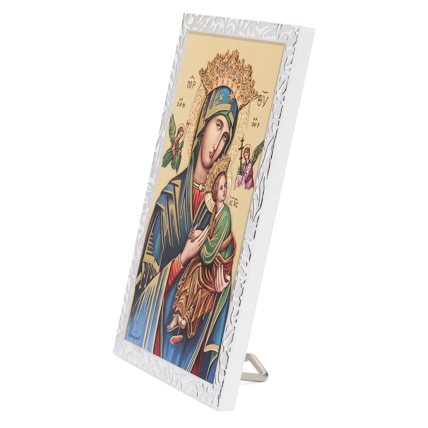 MONDO CATTOLICO ROMA Panel 9 x 13.5 cm (3.54 x 5.31 in) Wooden Panel with Sterling Silver Details of Our Lady of Perpetual Help