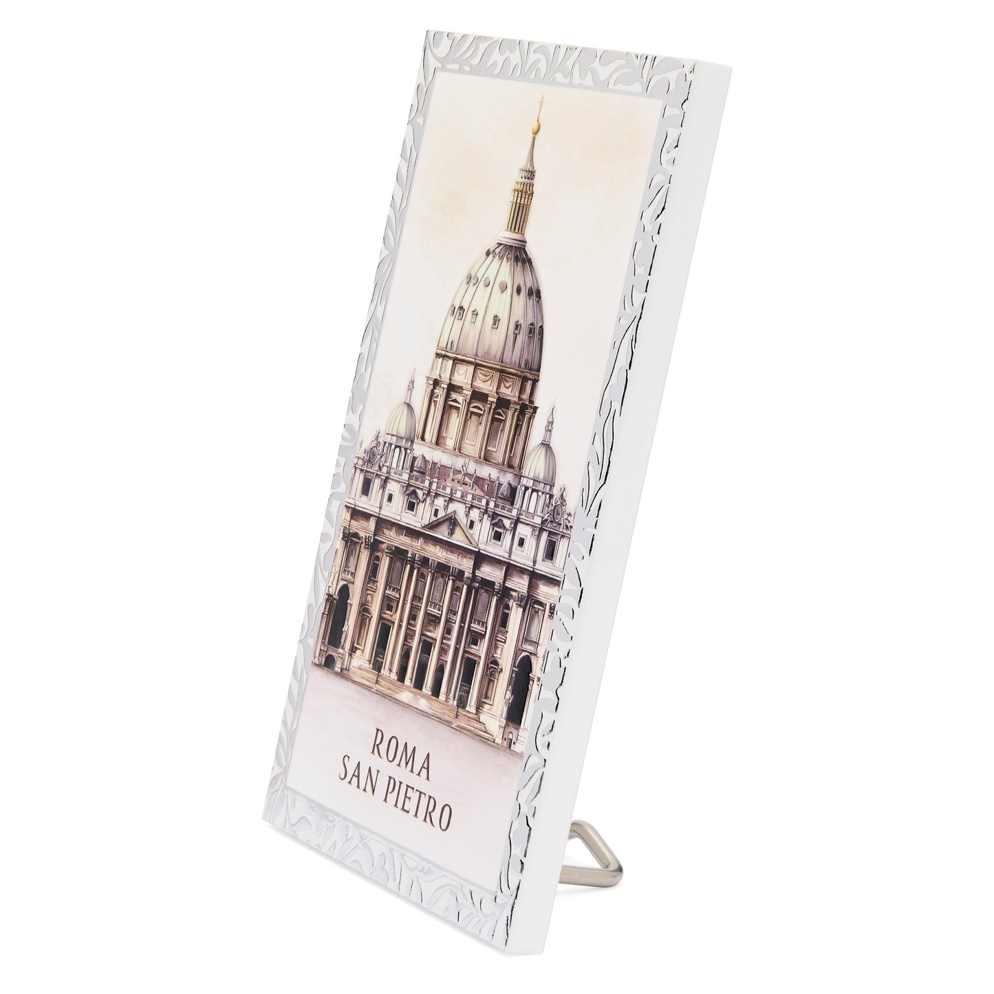 MONDO CATTOLICO ROMA Panel 9 x 13.5 cm (3.54 x 5.31 in) Wooden Panel with Sterling Silver Details of St. Peter's Basilica