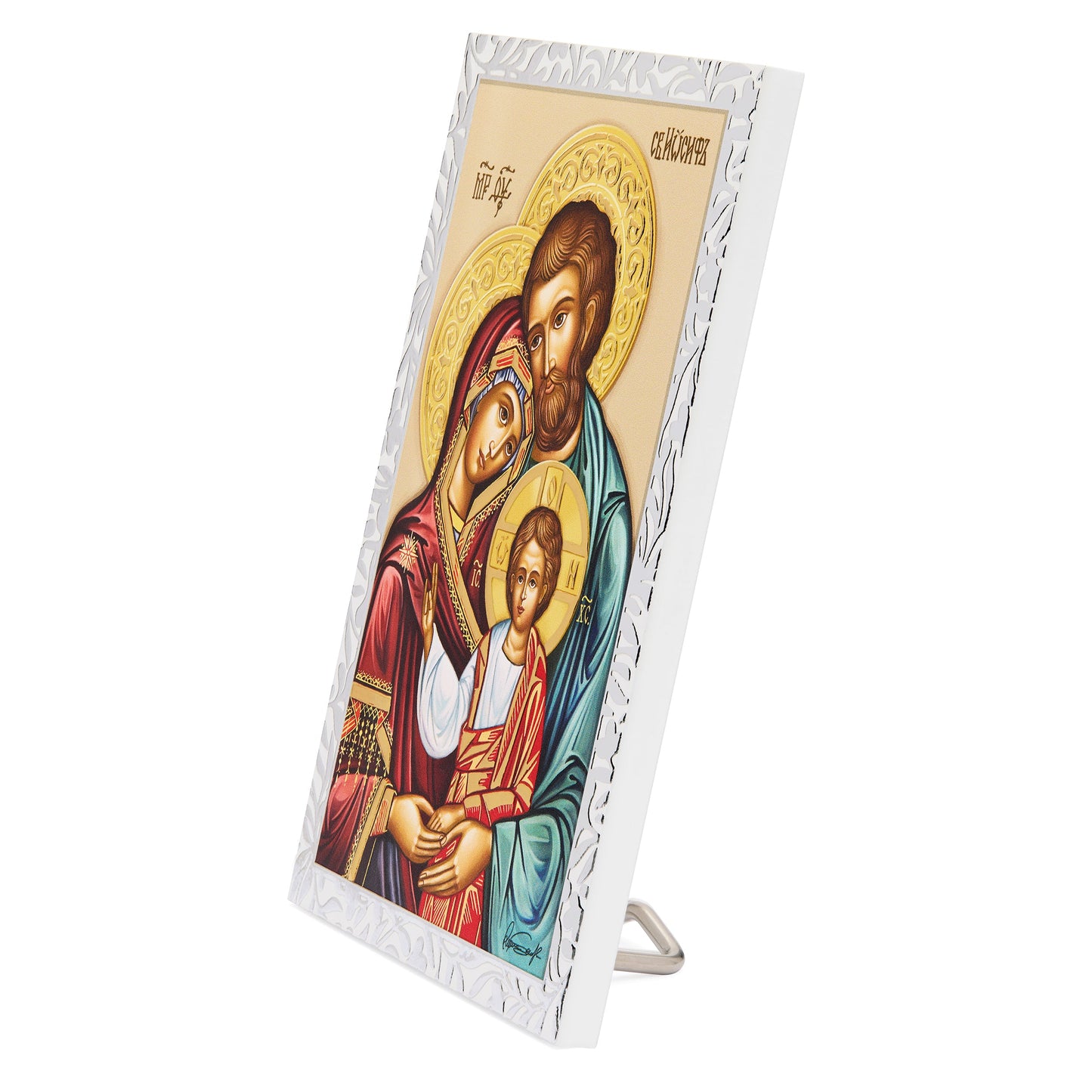MONDO CATTOLICO ROMA Panel 9 x 13.5 cm (3.54 x 5.31 in) Wooden Panel with Sterling Silver Details of the Holy Family