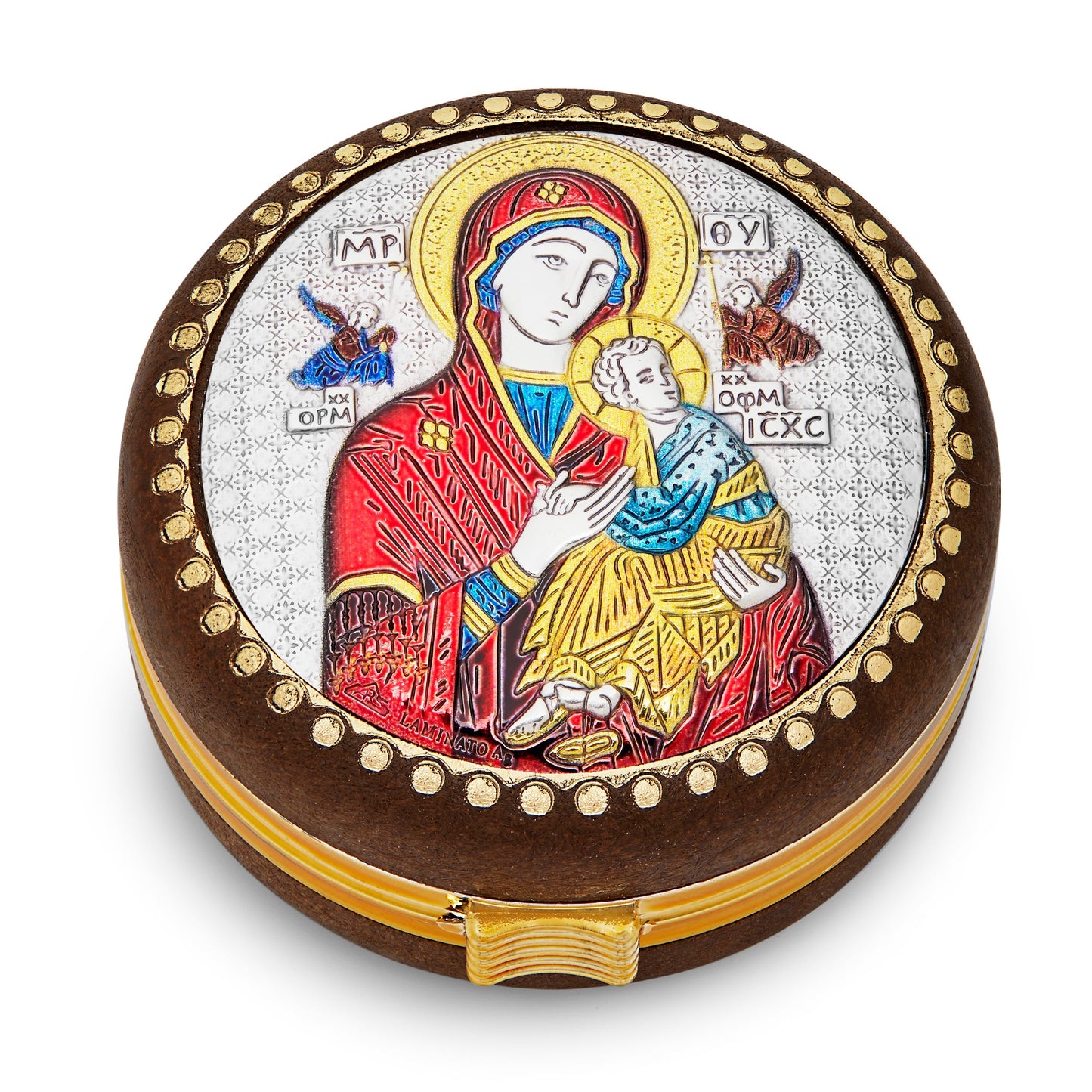 Mondo Cattolico Rosary Box 6 cm (2.36 in) Wooden Rosary Box of Our Lady of Perpetual Help With Metal Plaque and Colorful Details