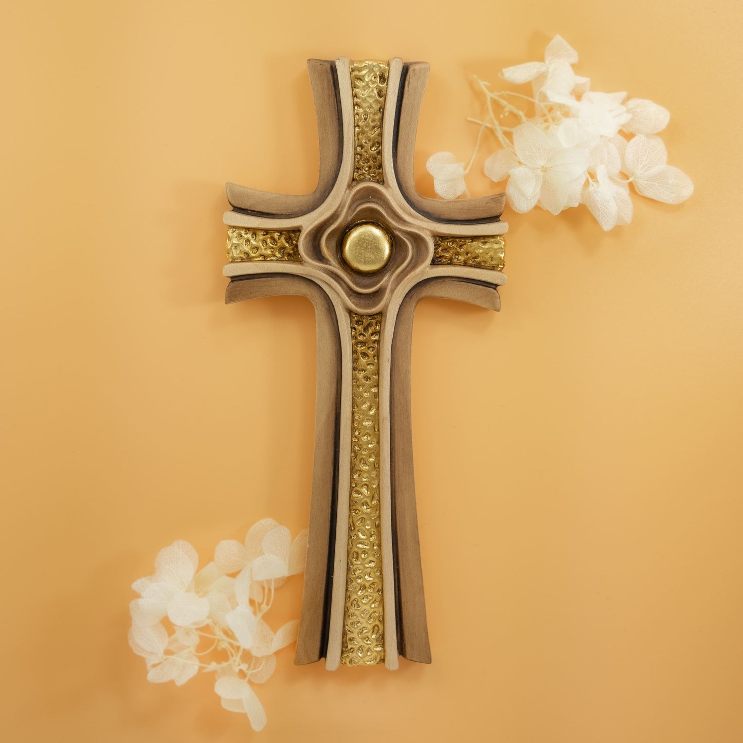 MONDO CATTOLICO 17 cm (6.69 in) Wooden Rose Cross With Golden Details