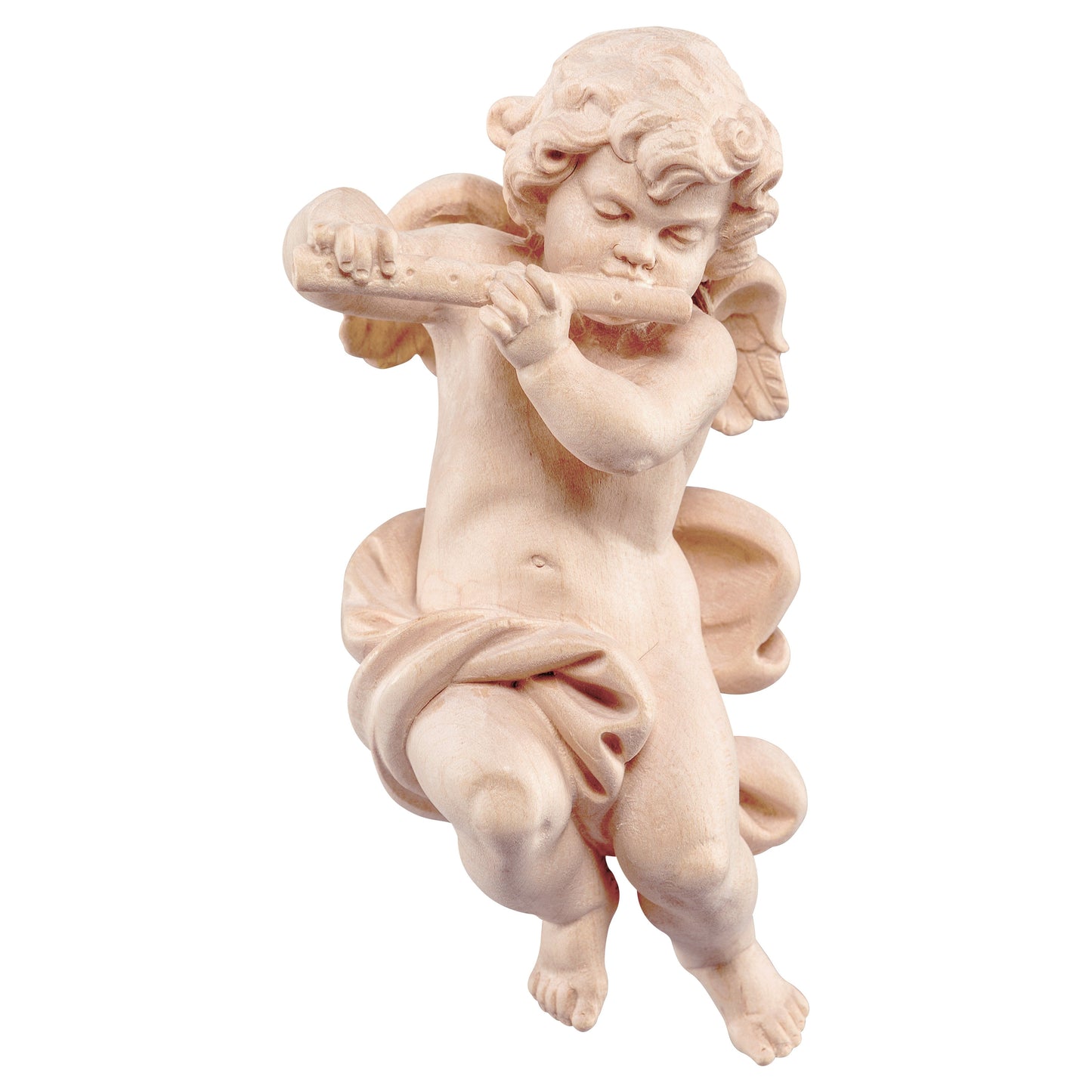 Mondo Cattolico Natural / 10 cm (3.9 in) Wooden statue of Cherub with flute