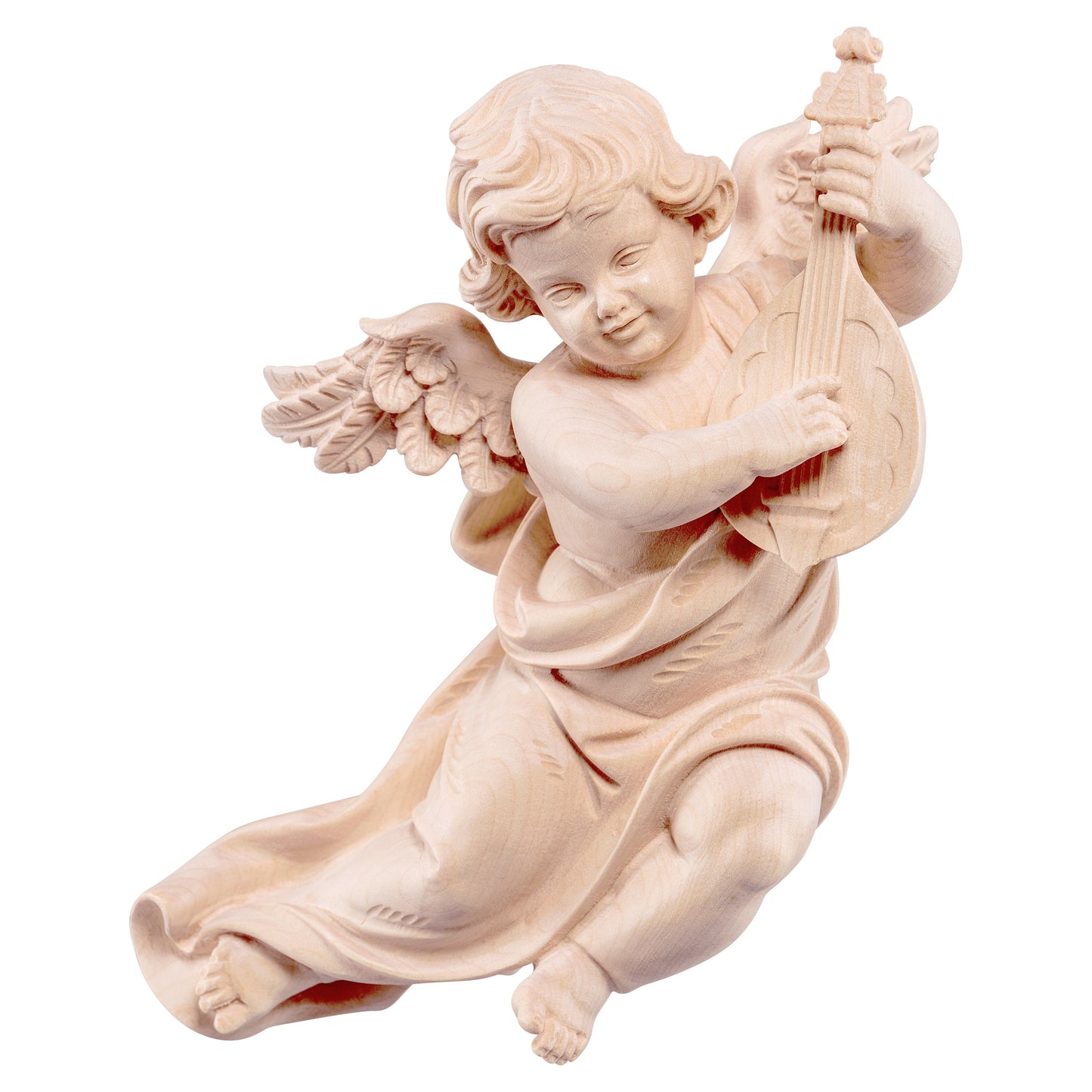 Mondo Cattolico Natural / 11 cm (4.3 in) Wooden statue of Marian cherub with mandolin