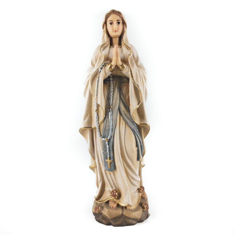 MONDO CATTOLICO Wooden Statue of Our Lady of Lourdes With Roses on Her Feet