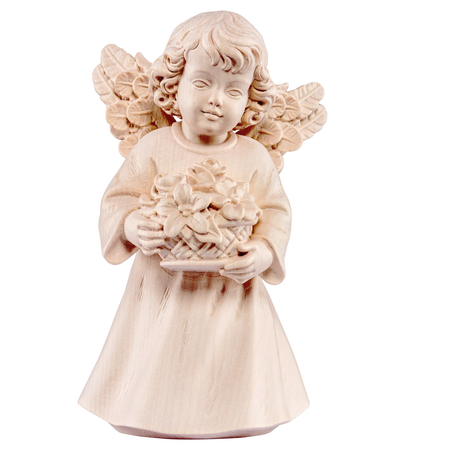 Mondo Cattolico Natural / 14 cm (5.5 in) Wooden statue of Sissi - angel with flowers