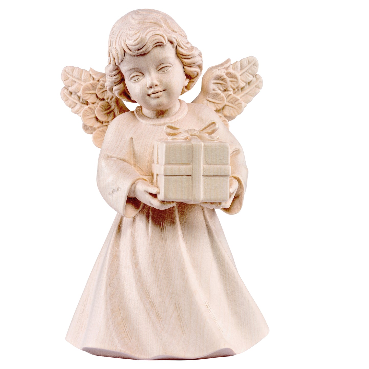 Mondo Cattolico Natural / 14 cm (5.5 in) Wooden statue of Sissi - angel with present