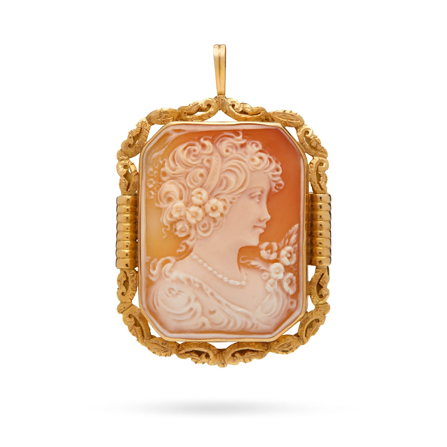 Mondo Cattolico Jewelry Yellow Gold Brooch and Pendant With Cameo Portraying a Woman and Worked Frame