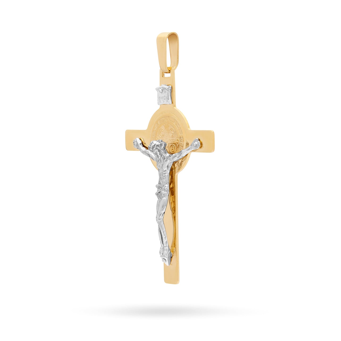 Mondo Cattolico Pendant 50 mm (1.97 in) Yellow Gold Flat St. Benedict Crucifix Pendant With White Gold Corpus