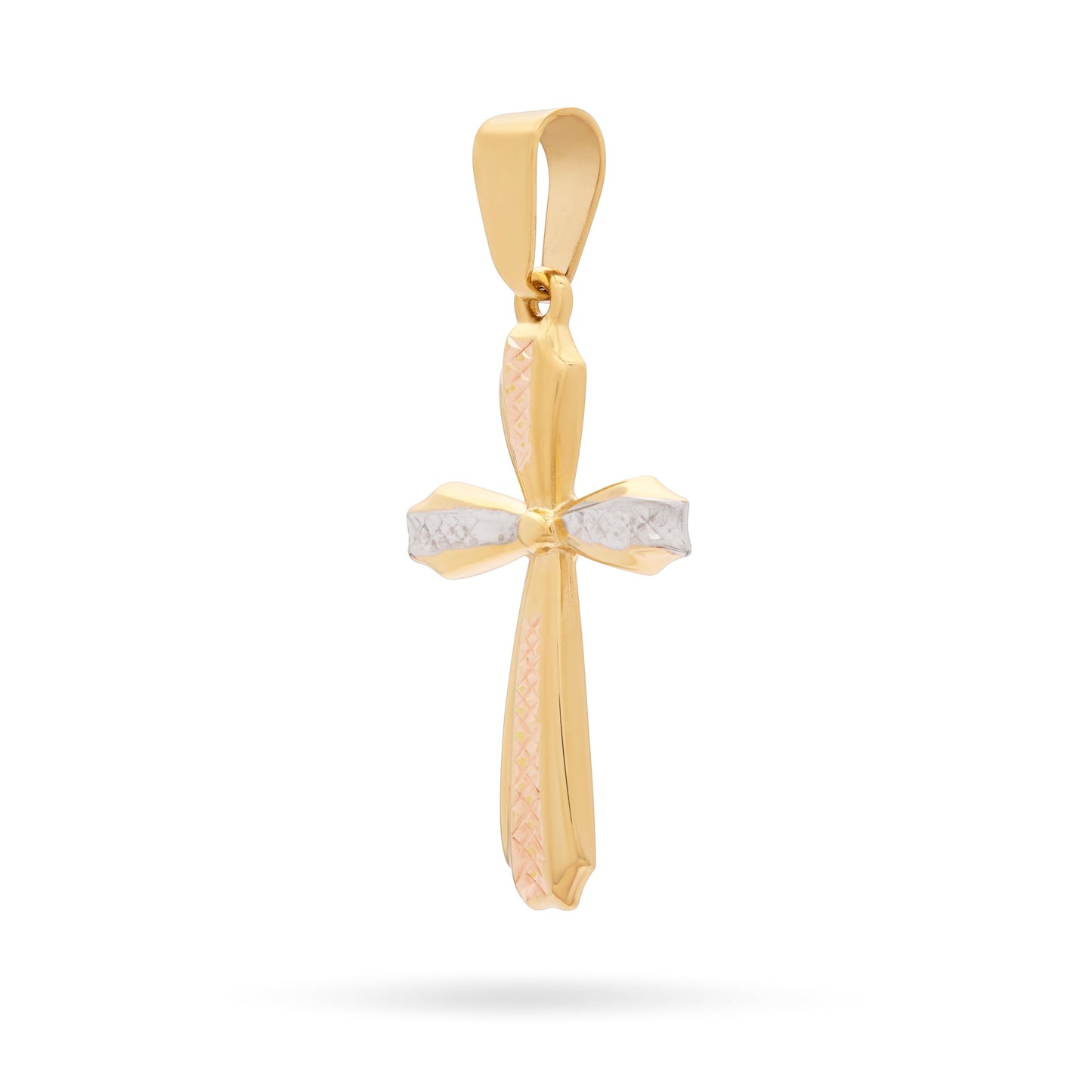 Mondo Cattolico Pendant Yellow Gold Flower Cross Pendant With White Gold and Rose Gold Diamond-cut Details