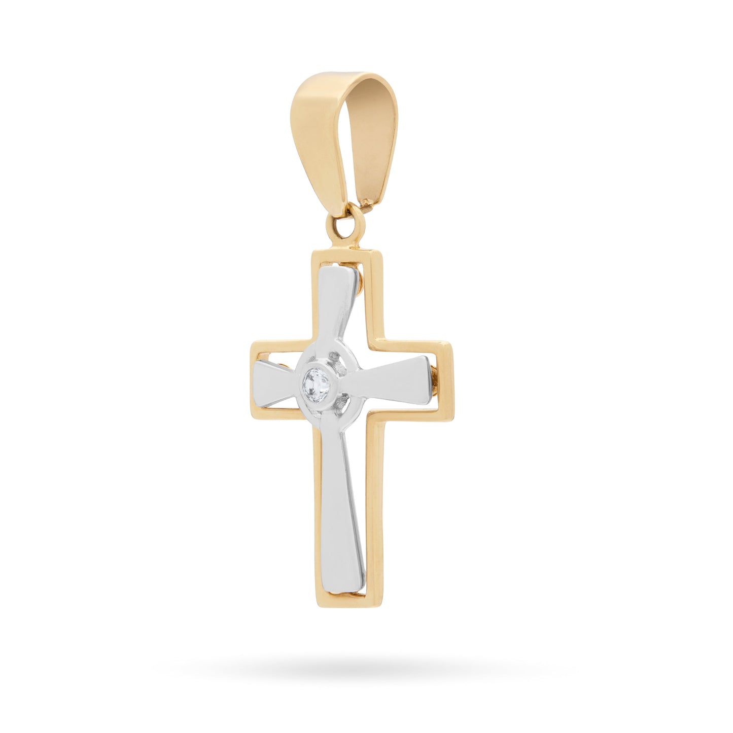 Mondo Cattolico Pendant 22 mm (0.87 in) Yellow Gold Hollow Cross Pendant With White Gold Inner Cross and Central Cubic Zirconia