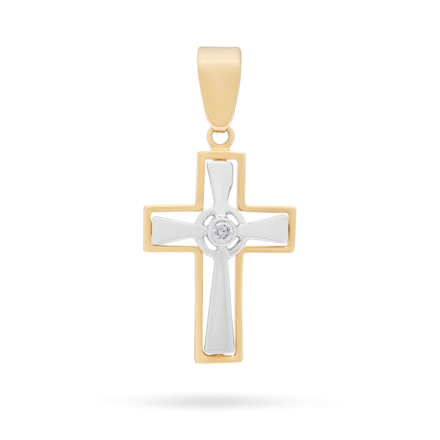 Mondo Cattolico Pendant 22 mm (0.87 in) Yellow Gold Hollow Cross Pendant With White Gold Inner Cross and Central Cubic Zirconia