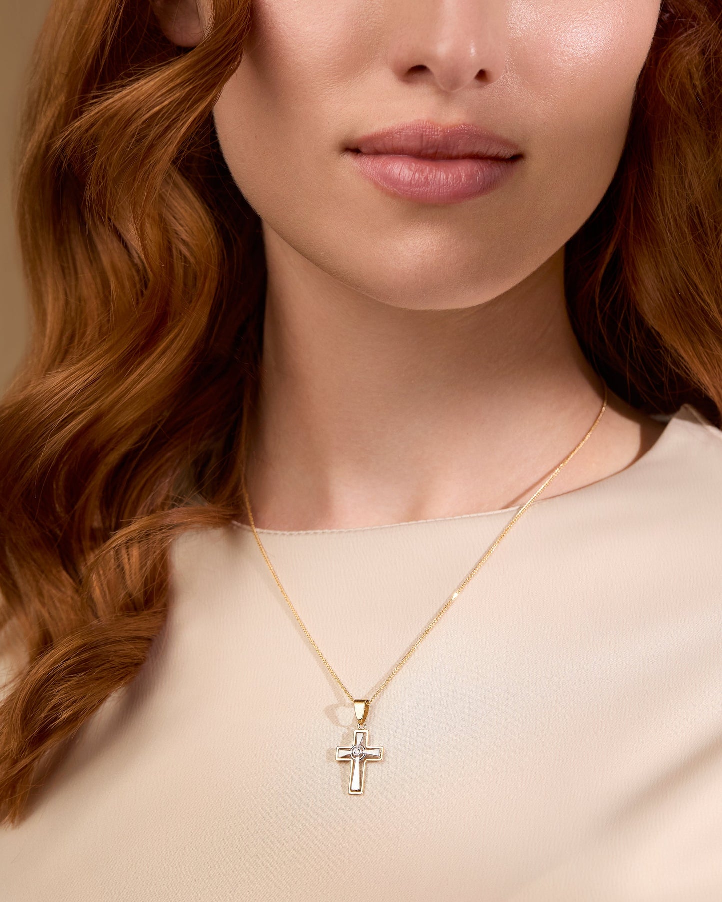 Mondo Cattolico Pendant 22 mm (0.87 in) Yellow Gold Hollow Cross Pendant With White Gold Inner Cross and Central Cubic Zirconia