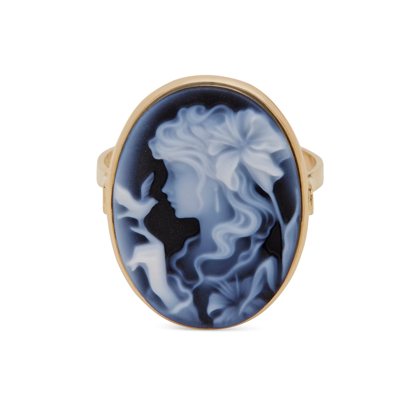 Mondo Cattolico Ring 19.11 mm (0.75 in) Yellow Gold Ring With Black Agate Cameo Portraying a Woman