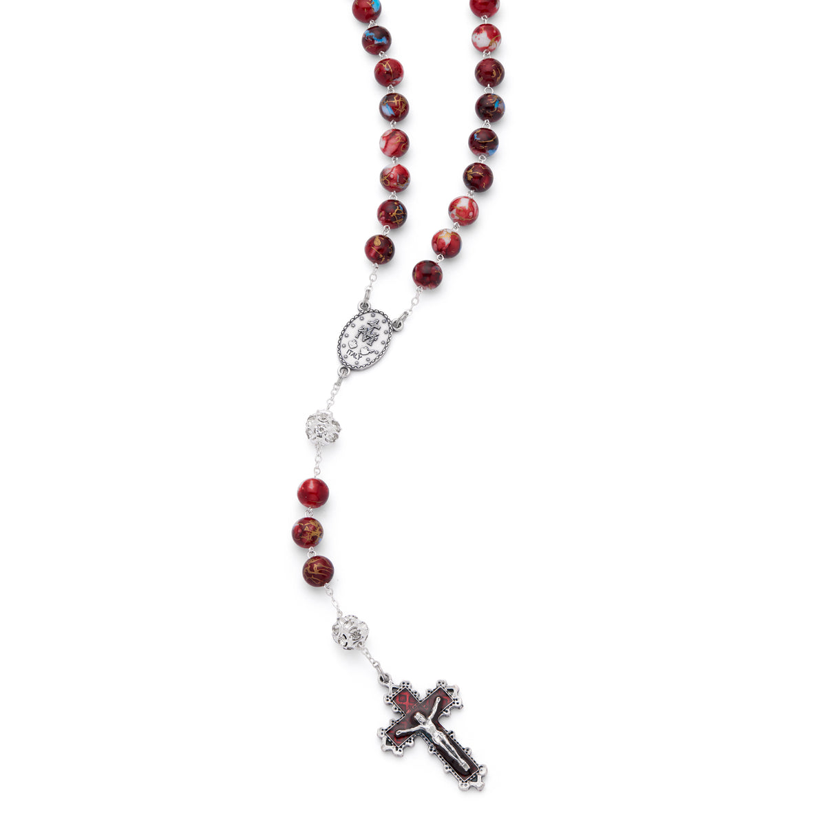 Metal Rosary with Red and Blue Marble Effect Beads and Rhinestone Beads