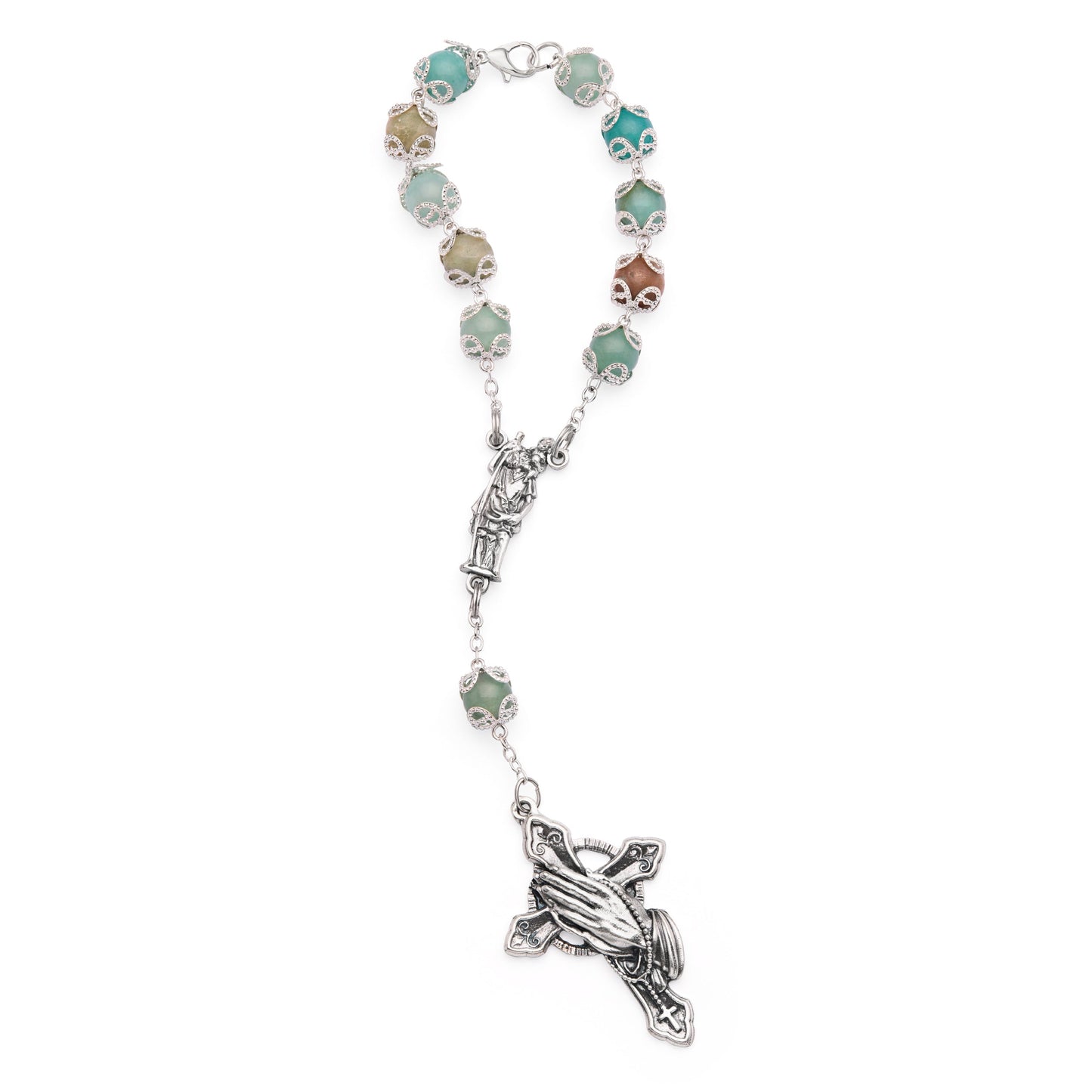 MONDO CATTOLICO ROMA Rosary 20 cm (7.87 in) / 8 cm (3.15 in) / 8 mm (0.31 in) Amazonite One-Decade Rosary Bracelet with St. Joseph and Praying Hands Cross