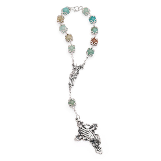 MONDO CATTOLICO ROMA Rosary 20 cm (7.87 in) / 8 cm (3.15 in) / 8 mm (0.31 in) Amazonite One-Decade Rosary Bracelet with St. Joseph and Praying Hands Cross