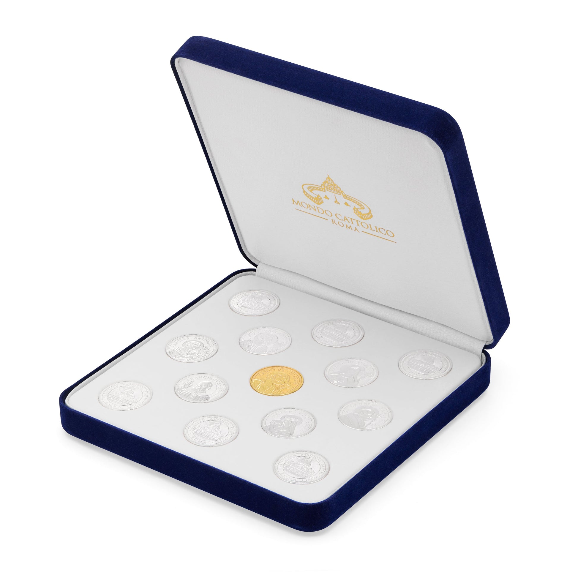 MONDO CATTOLICO ROMA Arras 11 x 14 cm (4.33 x 5.51 in) / 3.50 cm (1.38 in) / 3 cm (1.18 in) Arras with Blue Velvet Case