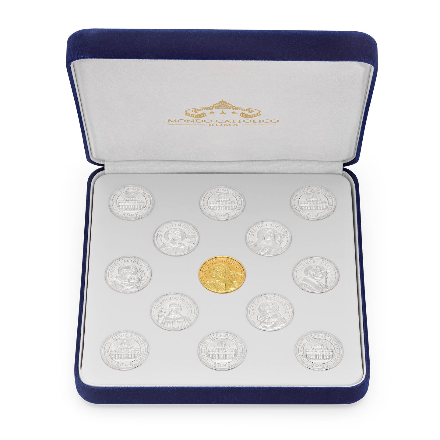 MONDO CATTOLICO ROMA Arras 11 x 14 cm (4.33 x 5.51 in) / 3.50 cm (1.38 in) / 3 cm (1.18 in) Arras with Blue Velvet Case