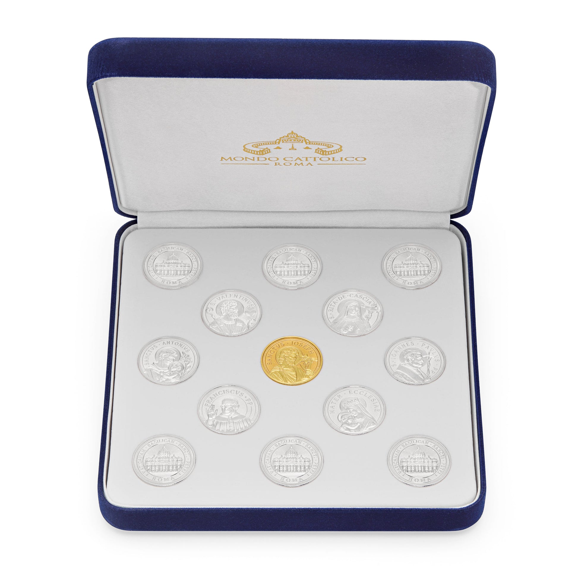 MONDO CATTOLICO ROMA Arras 11 x 14 cm (4.33 x 5.51 in) / 3.50 cm (1.38 in) / 3 cm (1.18 in) Arras with Blue Velvet Case