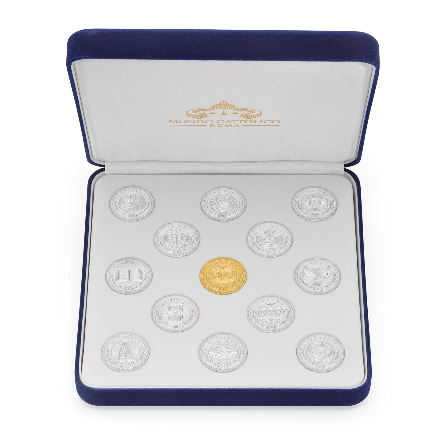 MONDO CATTOLICO ROMA Arras 11 x 14 cm (4.33 x 5.51 in) / 3.50 cm (1.38 in) / 3 cm (1.18 in) Arras with Blue Velvet Case