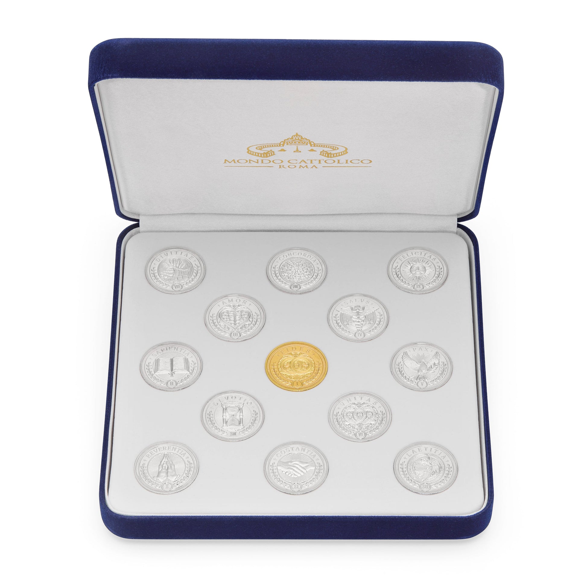 MONDO CATTOLICO ROMA Arras 11 x 14 cm (4.33 x 5.51 in) / 3.50 cm (1.38 in) / 3 cm (1.18 in) Arras with Blue Velvet Case