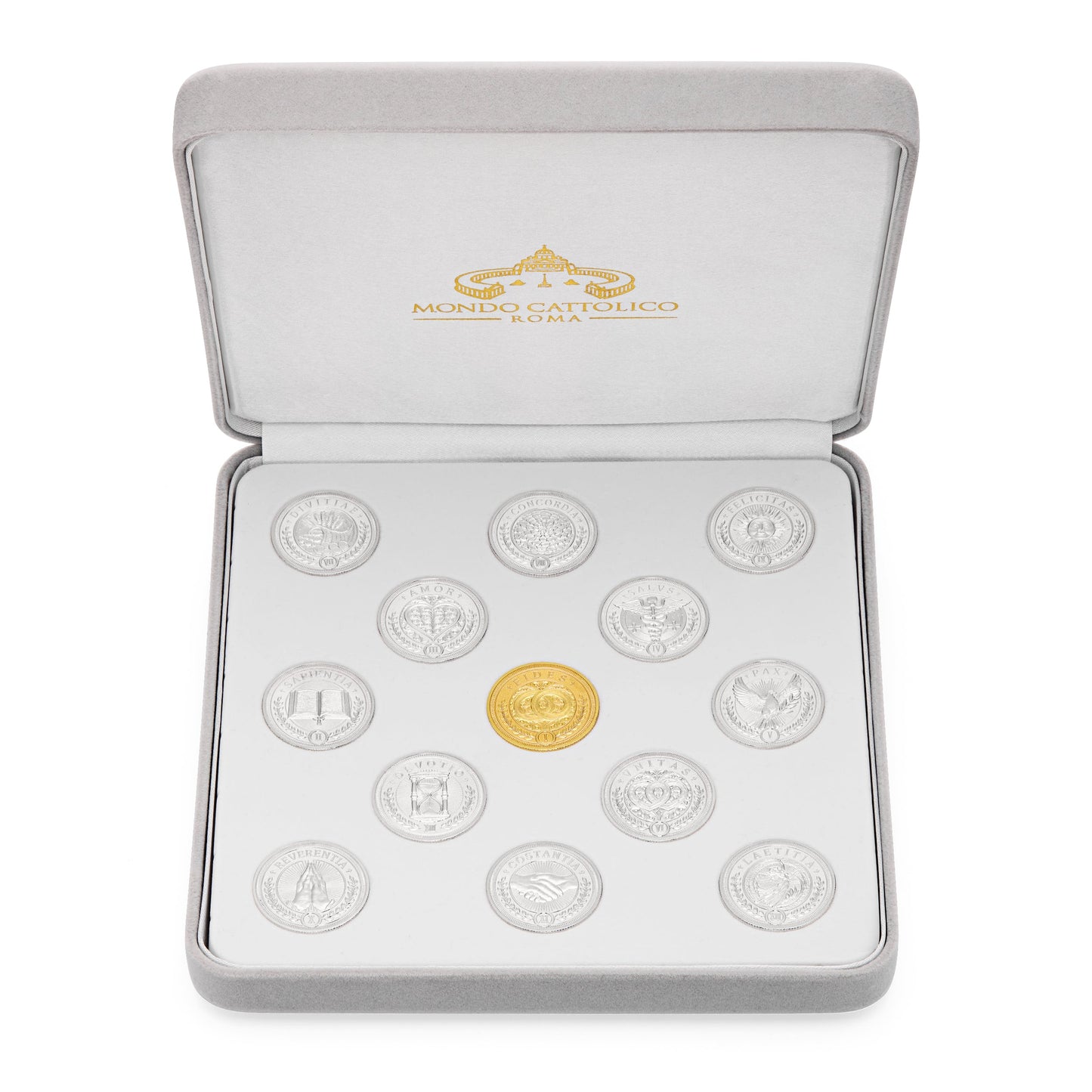 MONDO CATTOLICO ROMA Arras 18 x 18 cm (7.09 x 7.09 in) / 5 cm (1.97 in) / 3 cm (1.18 in) Arras with Gray Velvet Case