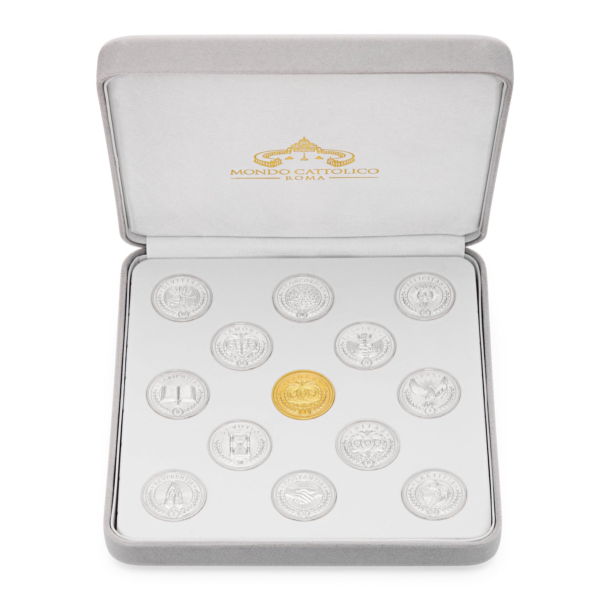 MONDO CATTOLICO ROMA Arras 18 x 18 cm (7.09 x 7.09 in) / 5 cm (1.97 in) / 3 cm (1.18 in) Arras with Gray Velvet Case