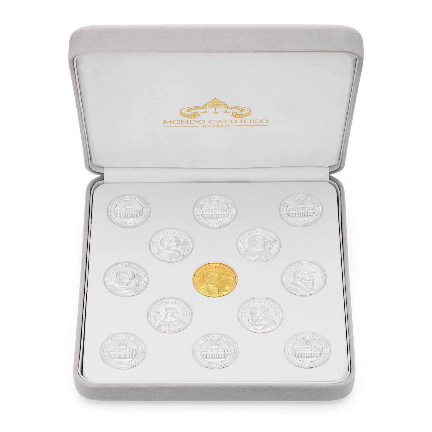 MONDO CATTOLICO ROMA Arras 18 x 18 cm (7.09 x 7.09 in) / 5 cm (1.97 in) / 3 cm (1.18 in) Arras with Gray Velvet Case