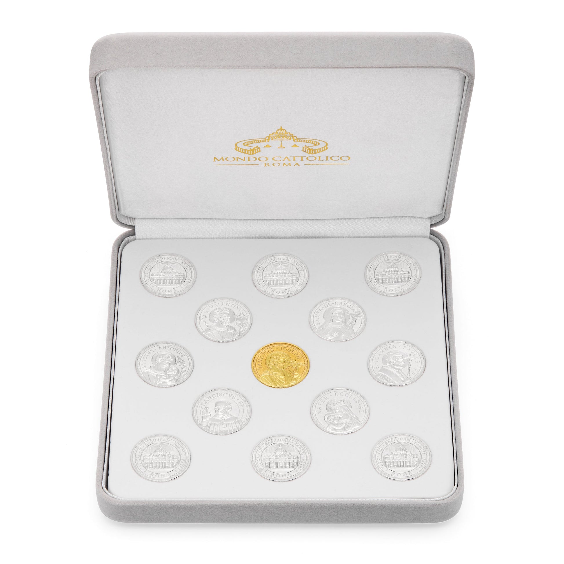 MONDO CATTOLICO ROMA Arras 18 x 18 cm (7.09 x 7.09 in) / 5 cm (1.97 in) / 3 cm (1.18 in) Arras with Gray Velvet Case