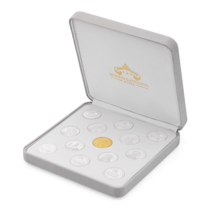 MONDO CATTOLICO ROMA Arras 18 x 18 cm (7.09 x 7.09 in) / 5 cm (1.97 in) / 3 cm (1.18 in) Arras with Gray Velvet Case