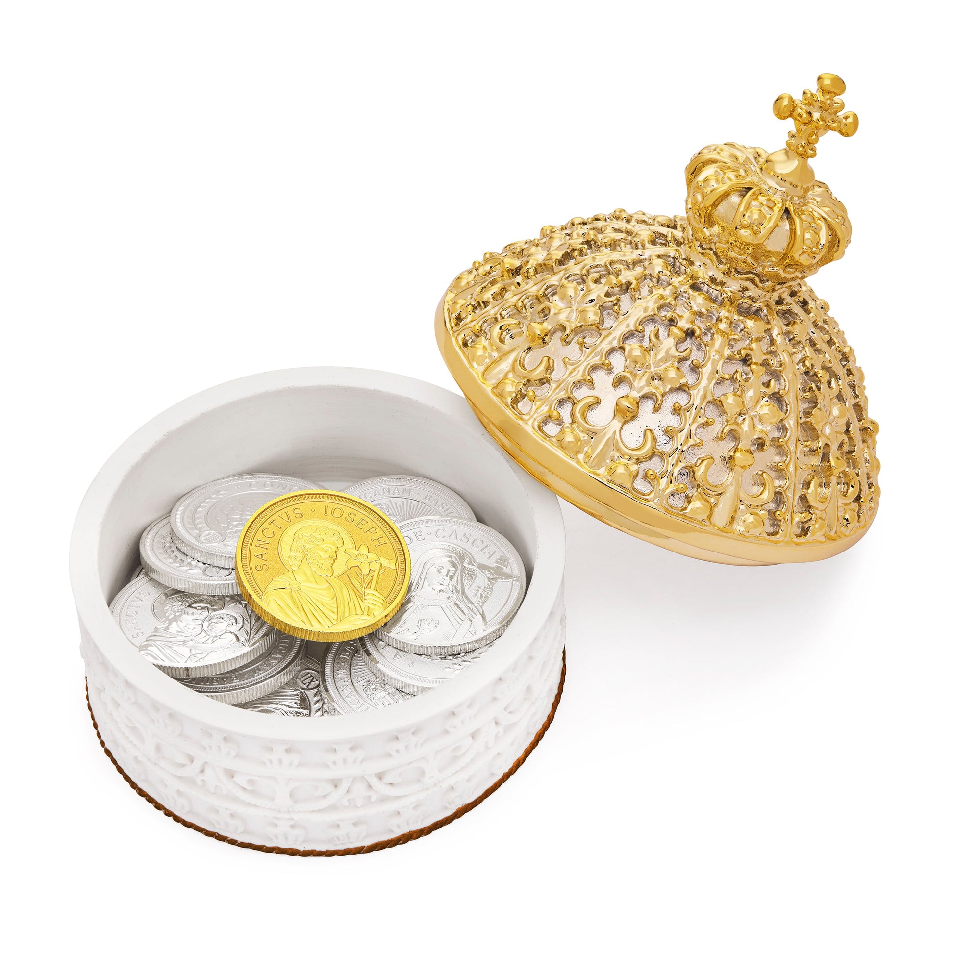 MONDO CATTOLICO ROMA Arras 10 cm (3.94 in) / 8.50 cm (3.35 in) / 3 cm (1.18 in) Arras with White and Gold St. Peter’s Dome Case