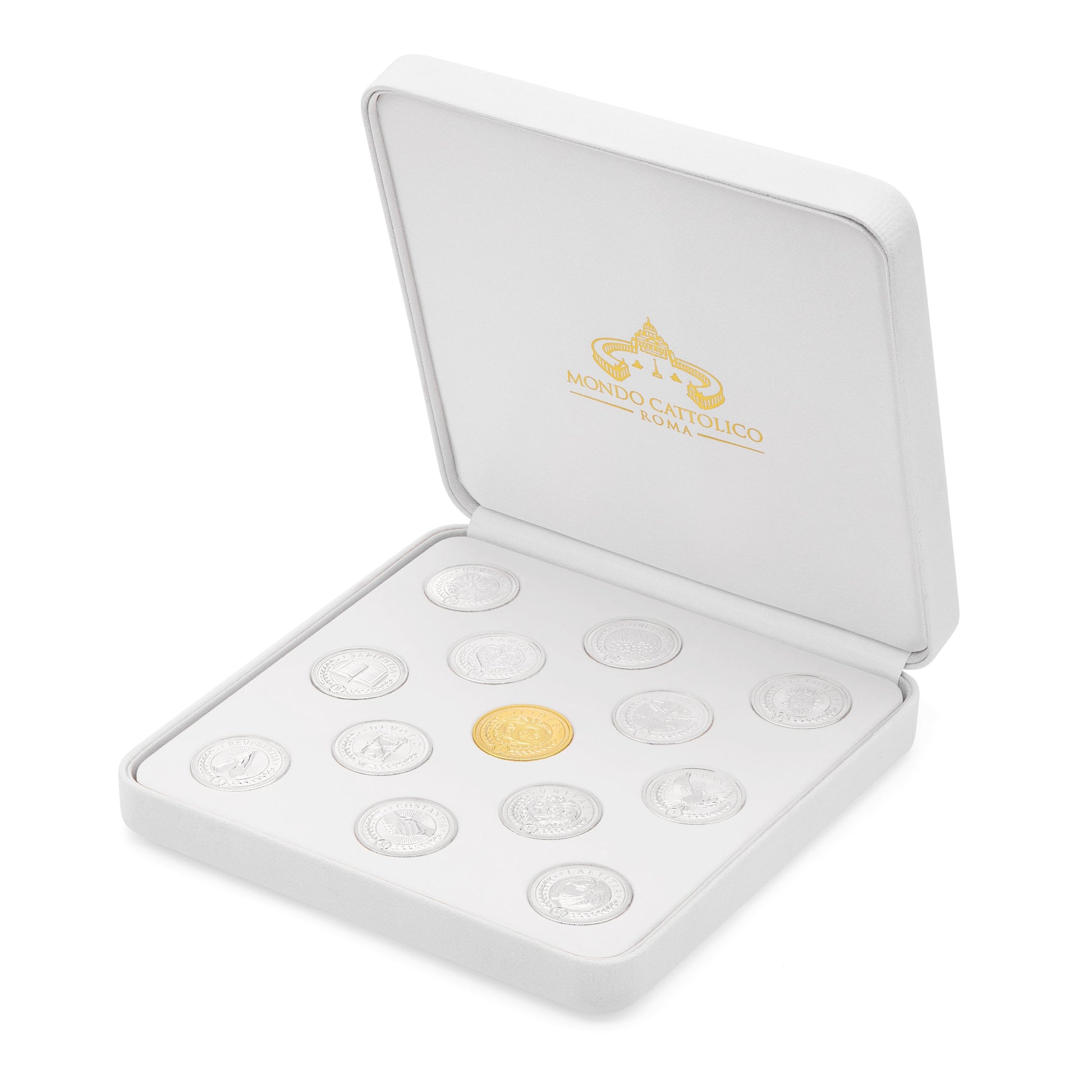 MONDO CATTOLICO ROMA Arras 18 x 18 cm (7.09 x 7.09 in) / 5 cm (1.97 in) / 3 cm (1.18 in) Arras with White Velvet Case