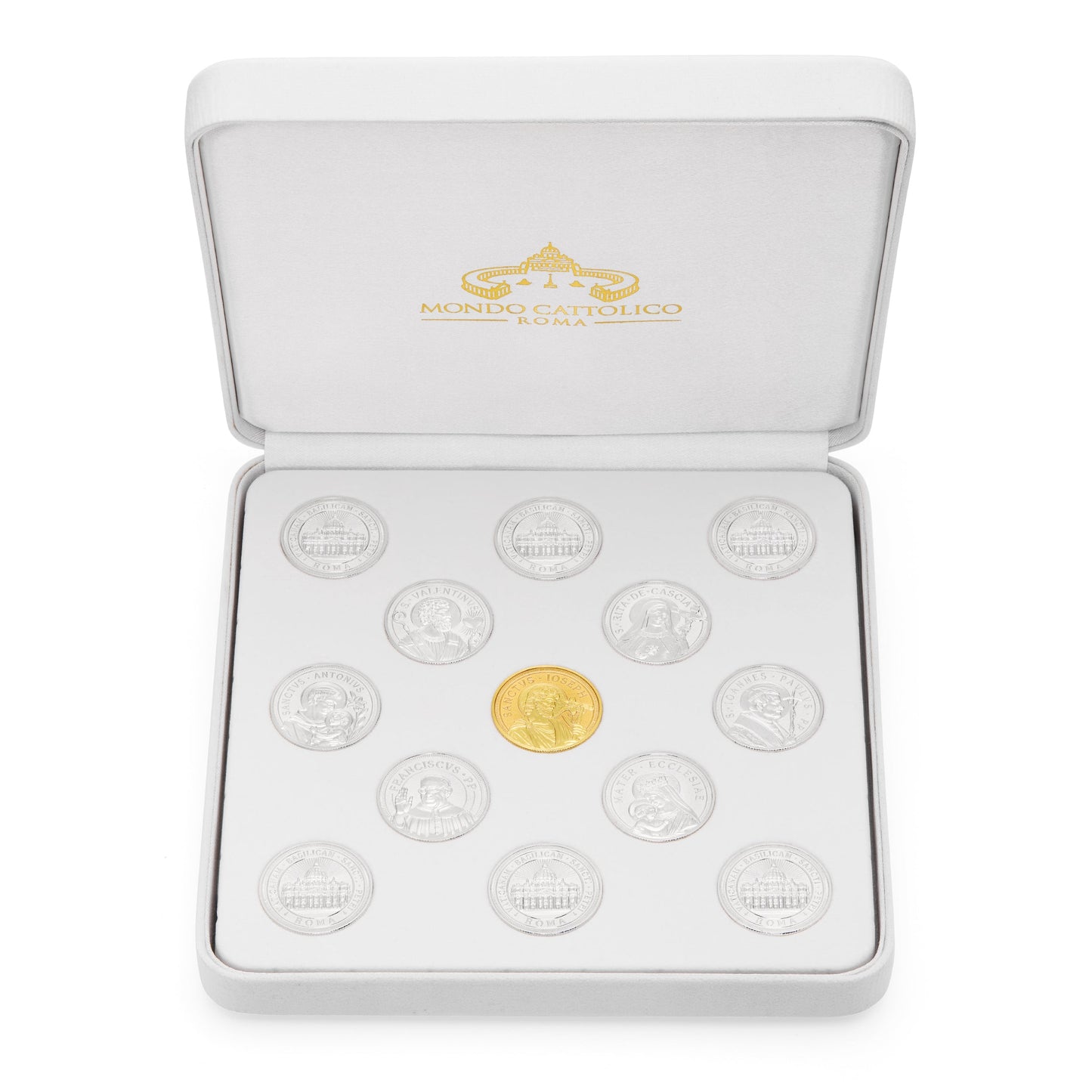 MONDO CATTOLICO ROMA Arras 18 x 18 cm (7.09 x 7.09 in) / 5 cm (1.97 in) / 3 cm (1.18 in) Arras with White Velvet Case