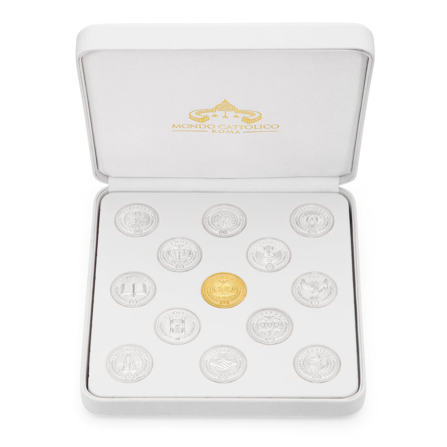 MONDO CATTOLICO ROMA Arras 18 x 18 cm (7.09 x 7.09 in) / 5 cm (1.97 in) / 3 cm (1.18 in) Arras with White Velvet Case