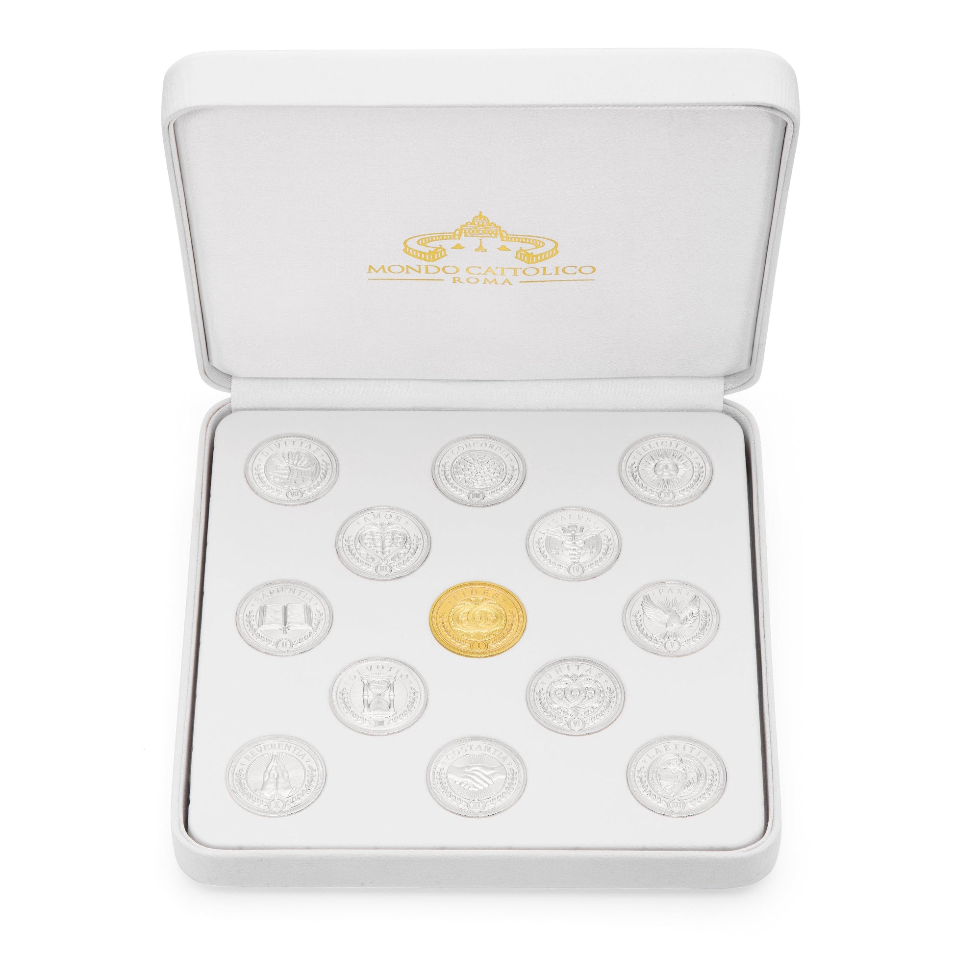 MONDO CATTOLICO ROMA Arras 18 x 18 cm (7.09 x 7.09 in) / 5 cm (1.97 in) / 3 cm (1.18 in) Arras with White Velvet Case