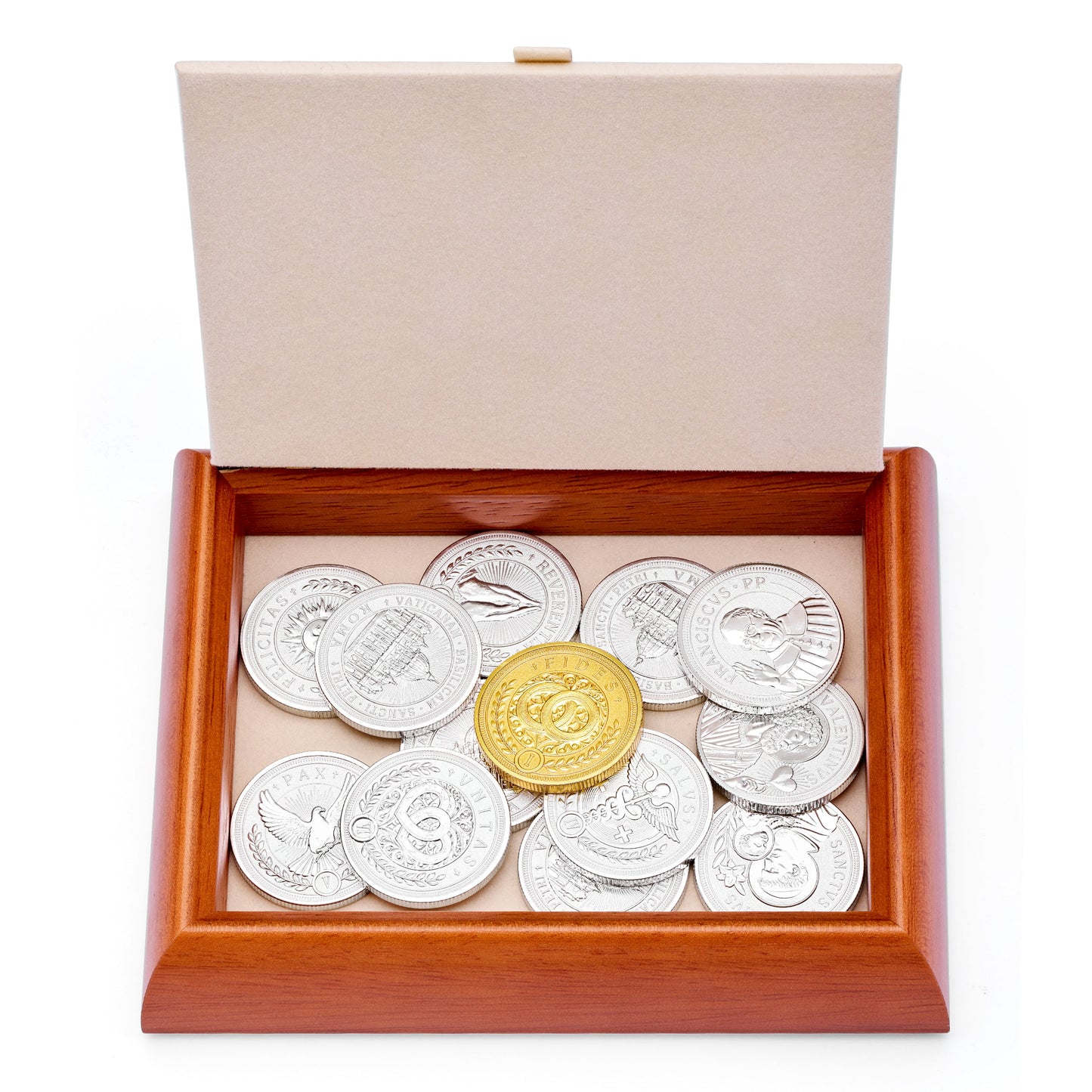 Mondo Cattolico Arras 11 x 14 cm (4.33 x 5.51 in) / 3.50 cm (1.38 in) / 3 cm (1.18 in) Arras with Wooden and Sterling Silver Case