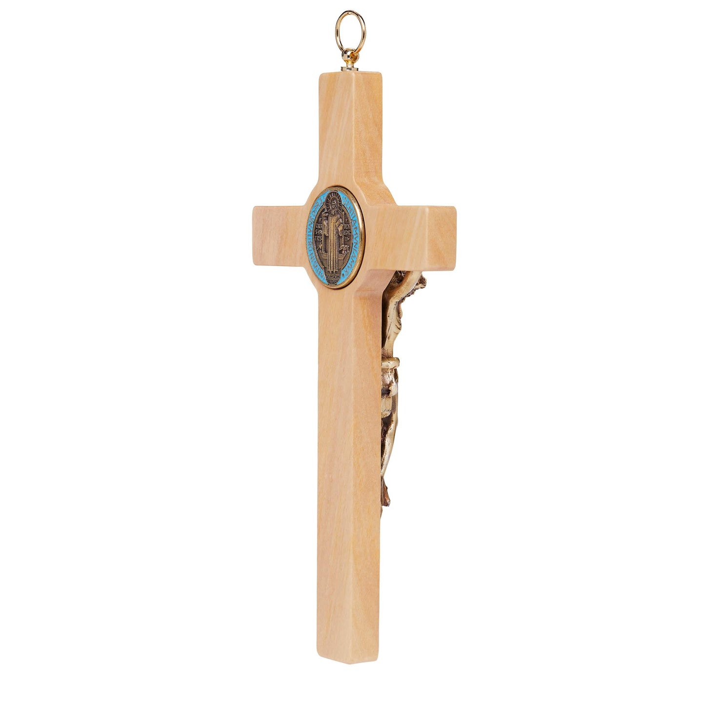 MONDO CATTOLICO 20 cm (7.85 in) Beech Wood St. Benedict Crucifix With Colored Enameled Medal and Light Outline