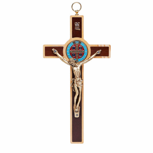 MONDO CATTOLICO 20 cm (7.85 in) Beech Wood St. Benedict Crucifix With Colored Enameled Medal and Light Outline