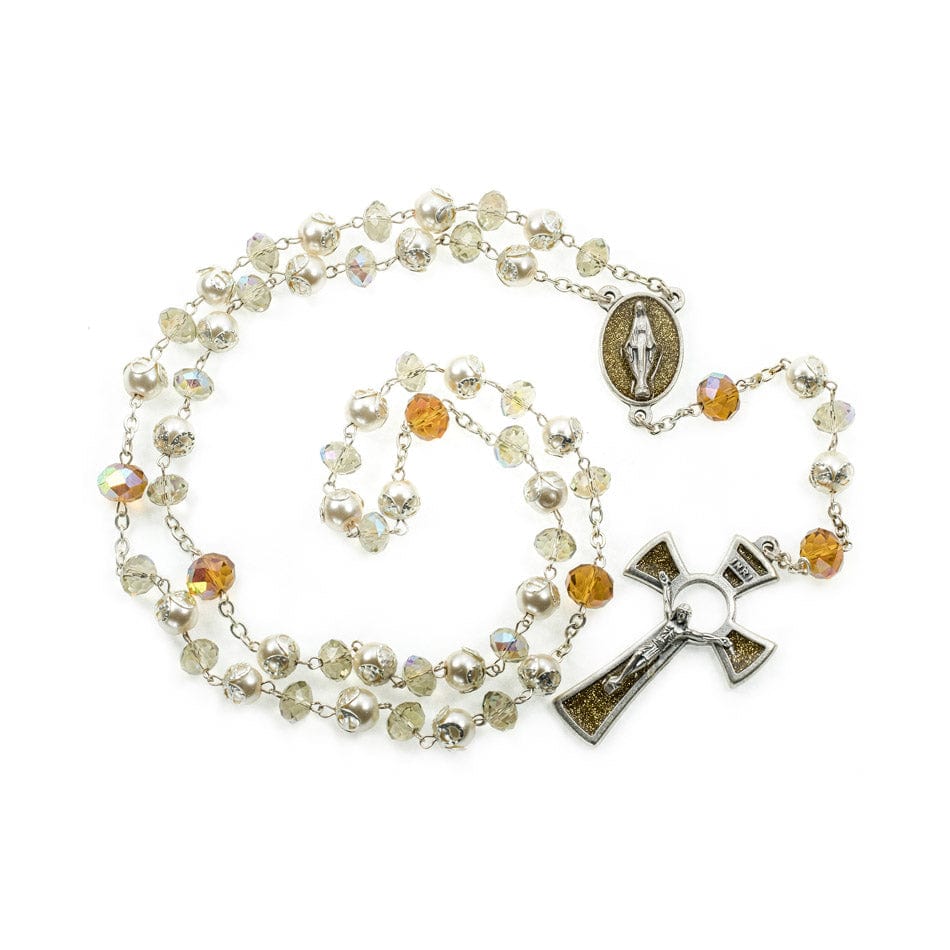 MONDO CATTOLICO Prayer Beads 53 cm (20.86 in) / 8 mm (0.31 in) Bicolour Glass and Pearl Rosary with Our lady of Miracles
