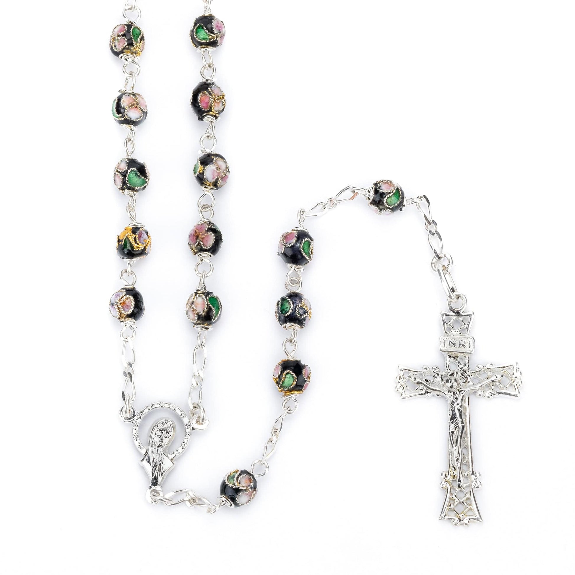 MONDO CATTOLICO Prayer Beads BLACK CLOISONNE' SILVER ROSARY