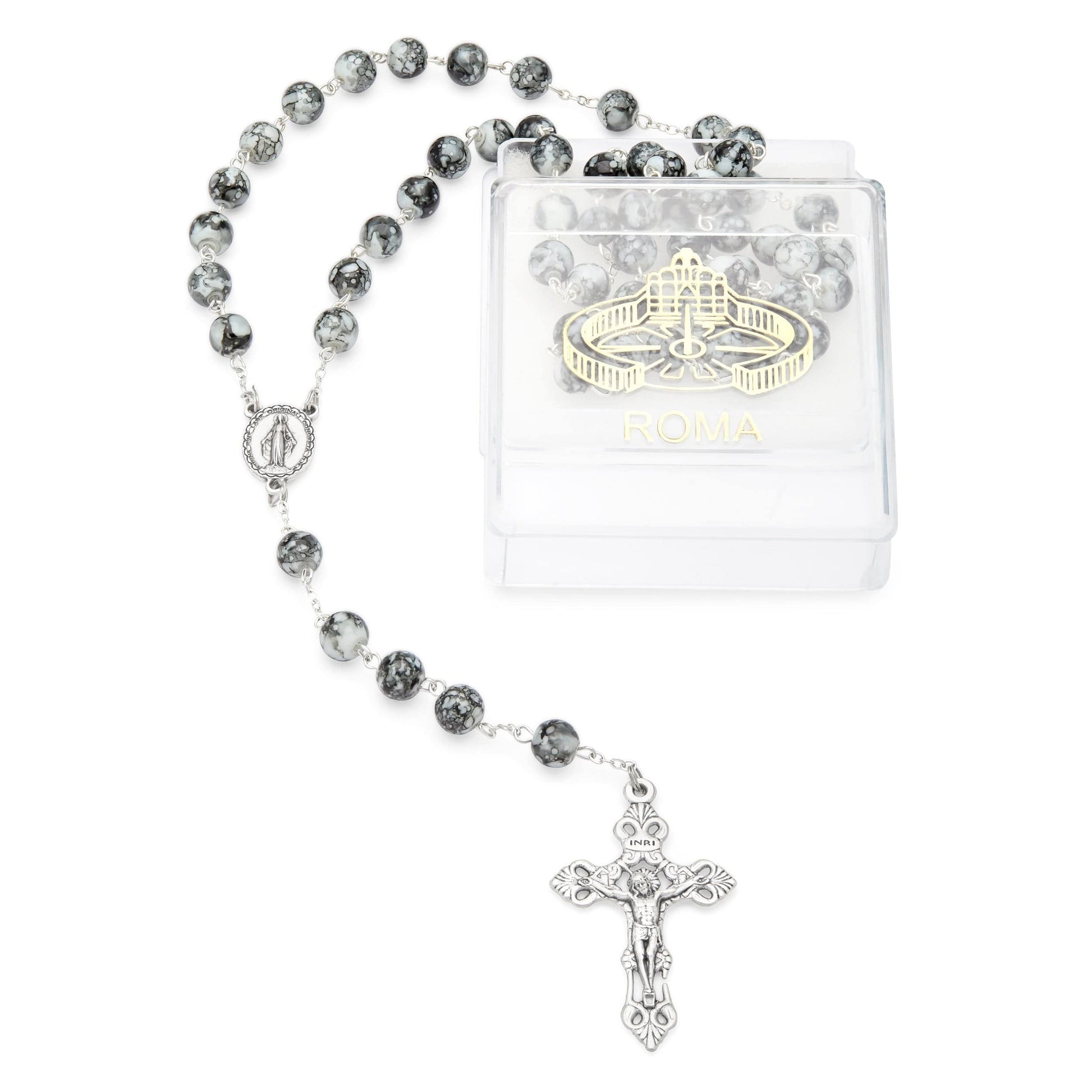 MONDO CATTOLICO Prayer Beads 55 cm (21.65 in) / 8 mm (0.3 in) Black Marble Glass Rosary and Case