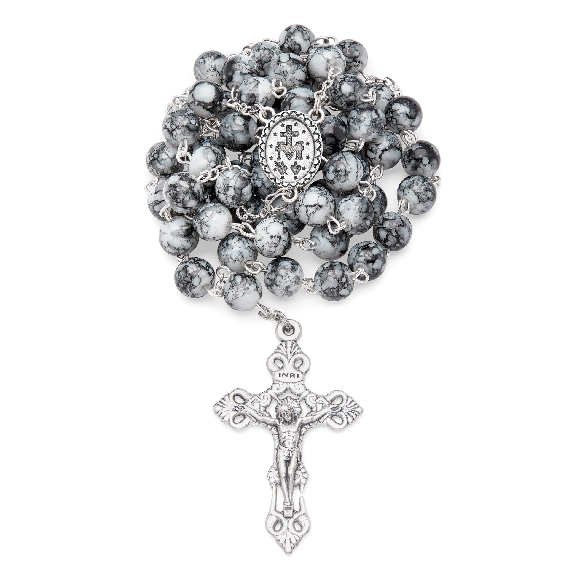 MONDO CATTOLICO Prayer Beads 55 cm (21.65 in) / 8 mm (0.3 in) Black Marble Glass Rosary and Case