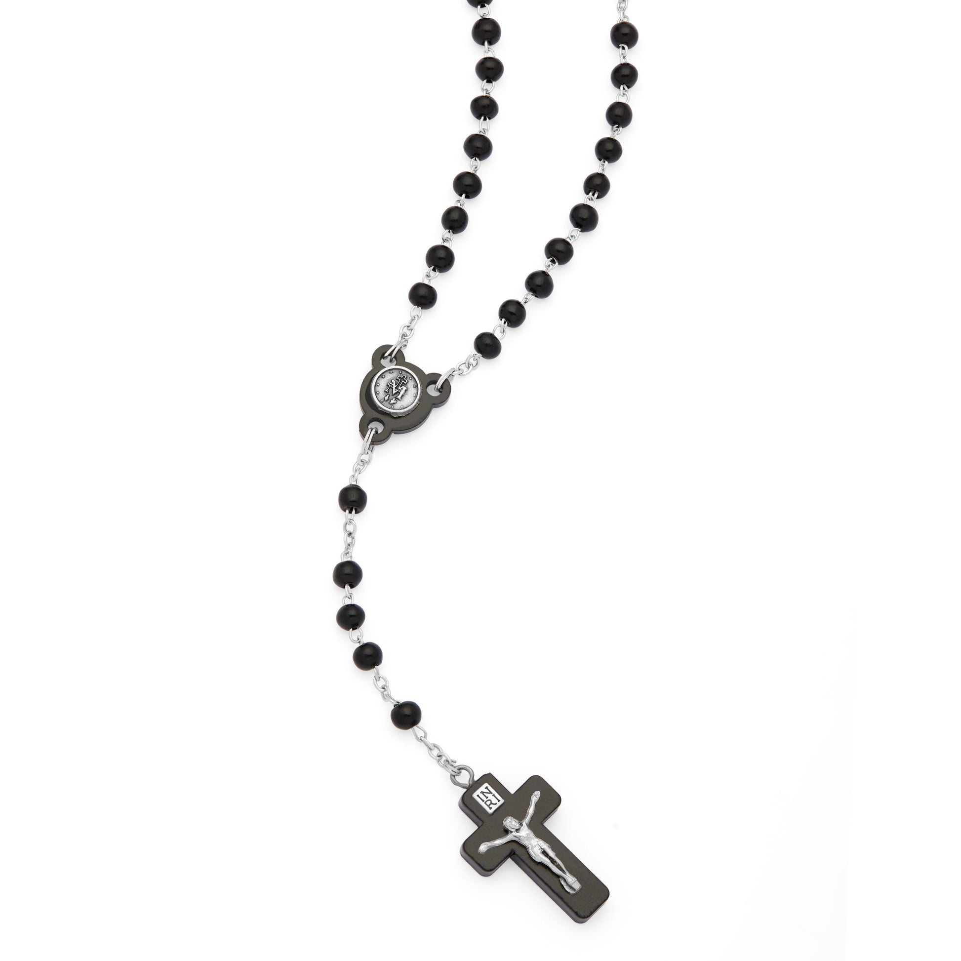 MONDO CATTOLICO ROMA Rosary 36 cm (14.17 in) / 48 cm (18.90 in) / 5 mm (0.20 in) Black Wood Rosary with Crucifix Featuring Metal Body of Christ
