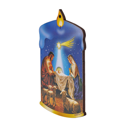 Mondo Cattolico 11 cm (4.33in) Blue Christmas Tree Decoration in the Shape of Candle With Crib