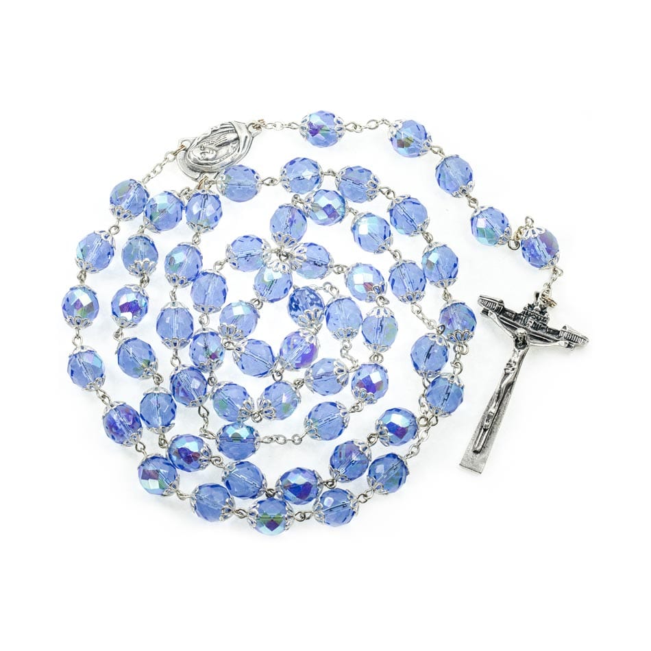 MONDO CATTOLICO Prayer Beads 69 cm (27.16 in) / 11 mm (0.43 in) Blue Crystal Rosary with the Virgin Mary