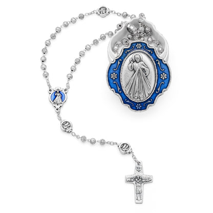MONDO CATTOLICO ROMA Rosary Box 4x4.5 cm (1.57x1.77 in) / 4 mm (0.15 in) / 39 cm (15.35 in) Blue Enameled Merciful Jesus Rosary Case With Rose-shaped Beads Rosary